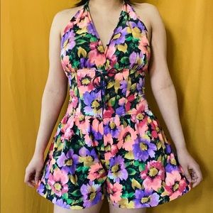 SOLD // Vintage 80s floral halter neck romper